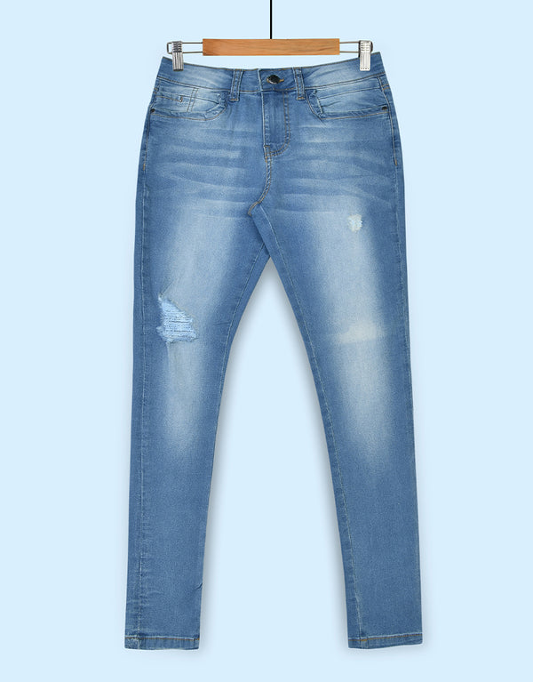 Women's Muse Looks Distressed Mid Rise Skinny Denim Jeans - Blue Mid Rise