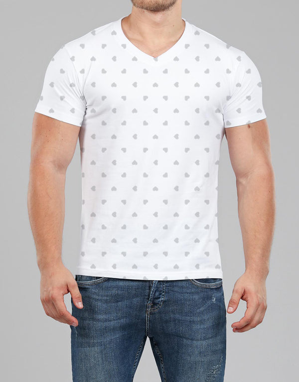 M-17 Men's Essential Heart Printed V-Neck Tee Shirt-White