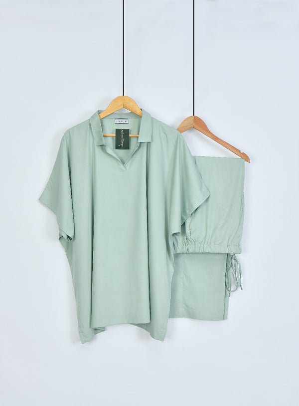 2pc Co-Ord set solid Organic cotton shirt & Trouser Free Size Sea Green AKC-004