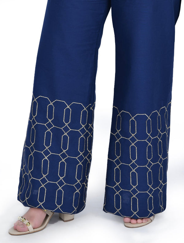 Embroidered Blue Plazo Trouser Women Bottoms FASSTILAD S