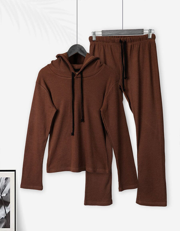 Super Soft Cosy Rib Hoodie & Straight Trousers - Brown Women Loungewear Sadaqat Textile Brown S