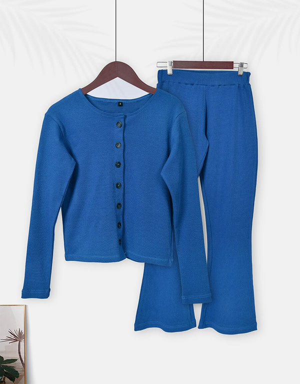 Super Soft Cosy Rib Open Shirt & Flare Trousers - Blue Women Loungewear Sadaqat Textile