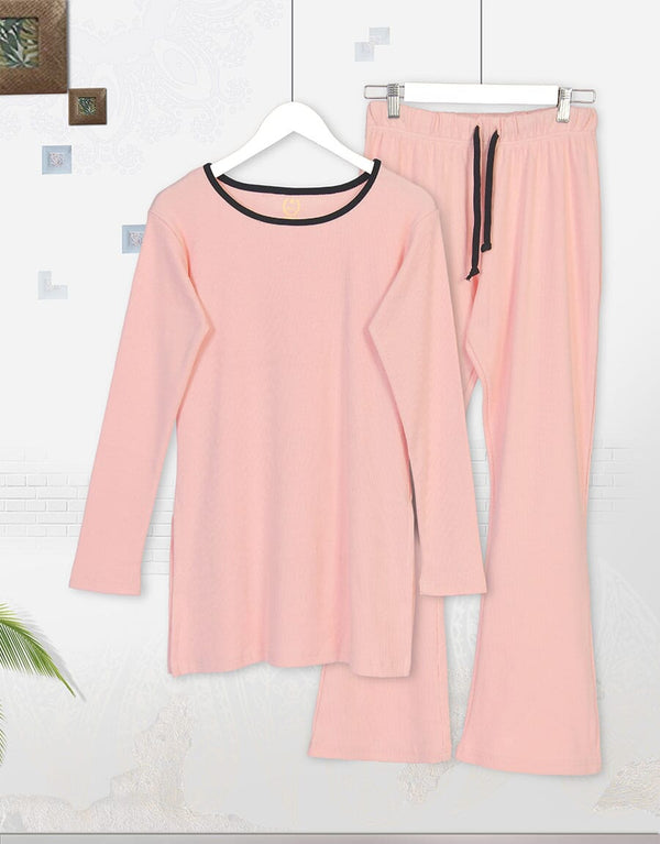 Super Soft Cosy Rib Shirt & Flare Trousers - Baby Pink Women Loungewear Sadaqat Textile Baby Pink S 