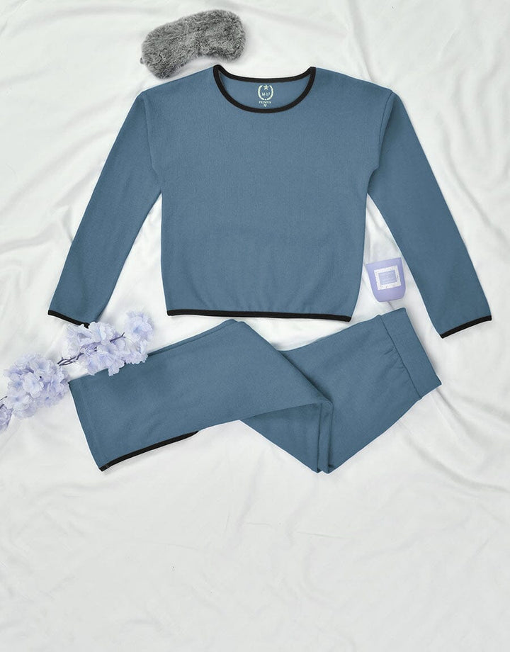 Super Soft Cosy Rib Shirt & Flare Trousers - Blue Women Lingerie Sadaqat Textile