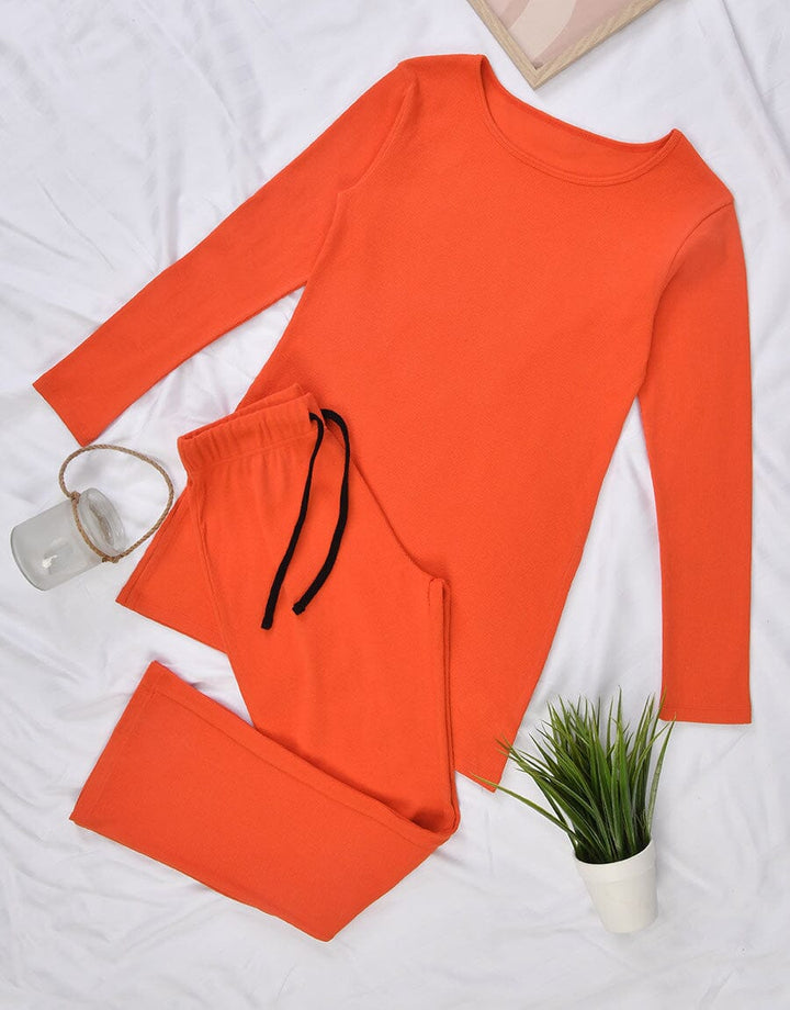 Super Soft Cosy Rib Shirt & Flare Trousers - Orange Women Lingerie Sadaqat Textile 