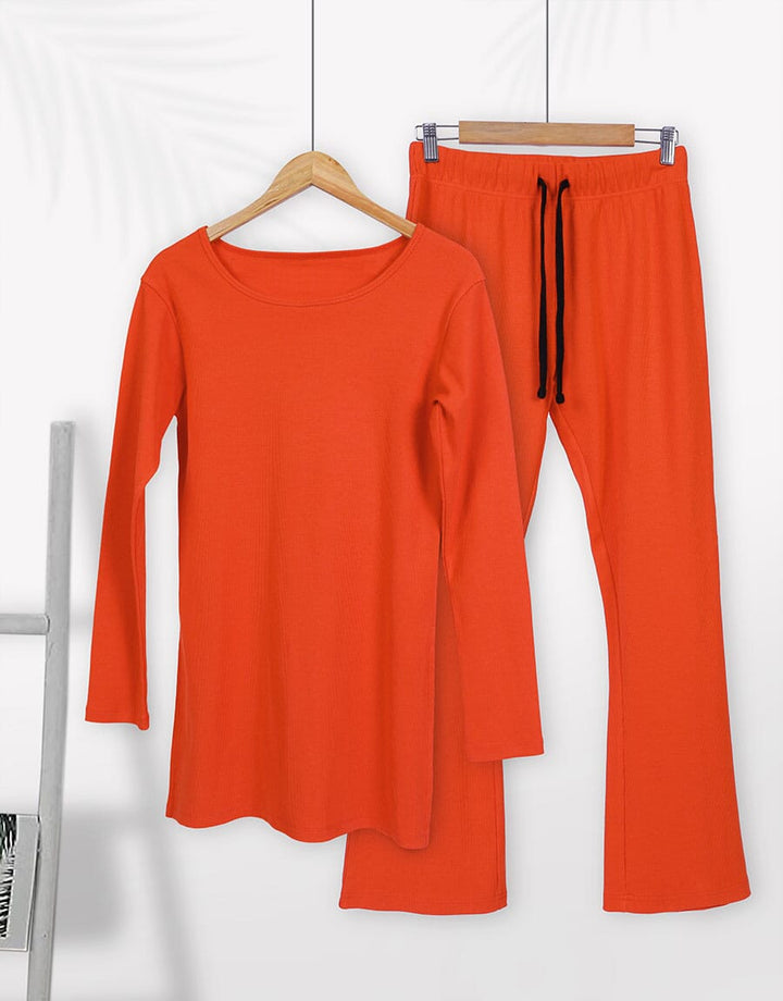 Super Soft Cosy Rib Shirt & Flare Trousers - Orange Women Lingerie Sadaqat Textile Orange S 