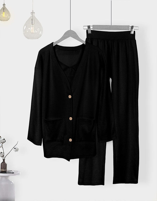 Super Soft Loungewear 3 PC with Open Shirt Cosy Rib - Acid Black Women 3 PC Loungewear Sadaqat Textile Acid Black S