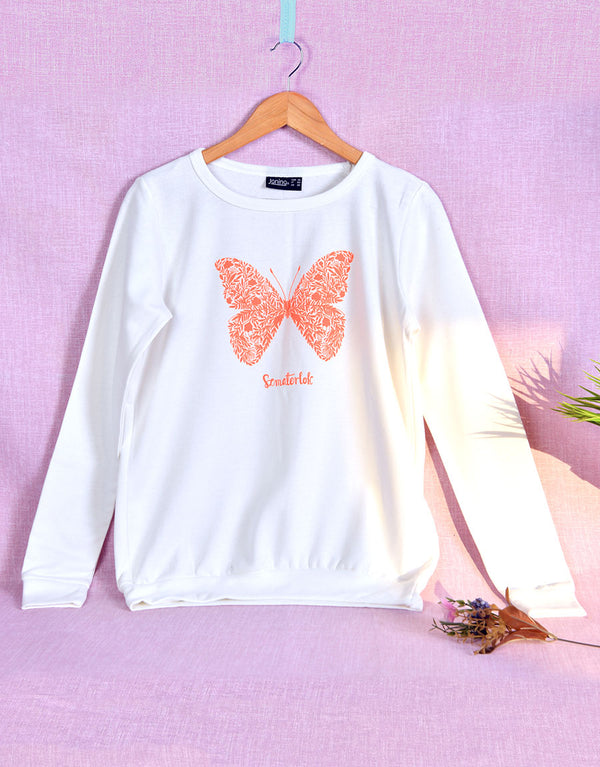 Women Crew Neck Full Sleeve Terry Fleece Butterfly Sweatshirt-White/Orange